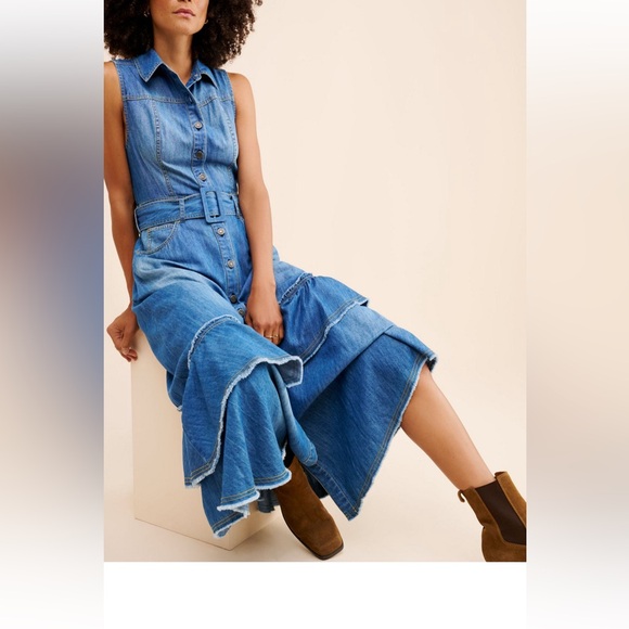 NWOT - Free people Beau Denim Asymmetrical Tiered Dress - Picture 3 of 5